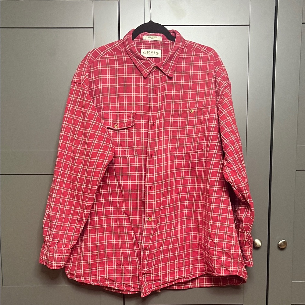 Orvis Men's Red and White Checkered Shirt XXL